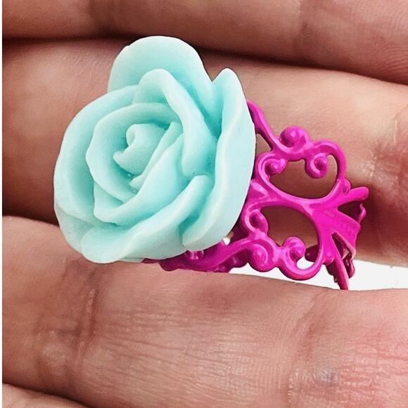 Lacy Steampunk Victorian Style Rose Flower Adjustable Ring Hot Pink Gothic Teal - Picture 1 of 13